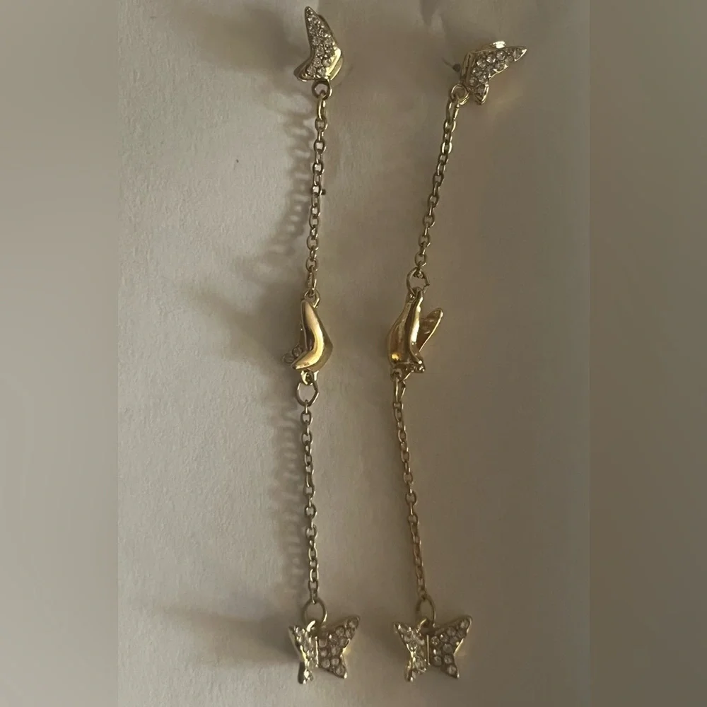 Gold 3 Inch Long Dangle Boho Butterfly Earrings With Crystal Gemstones~ New - Picture 5 of 8